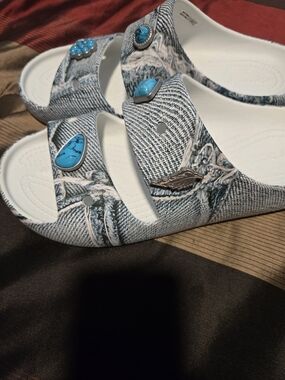 CROCS Denim-Print White Footbed Slide Mules with Turquoise Accents